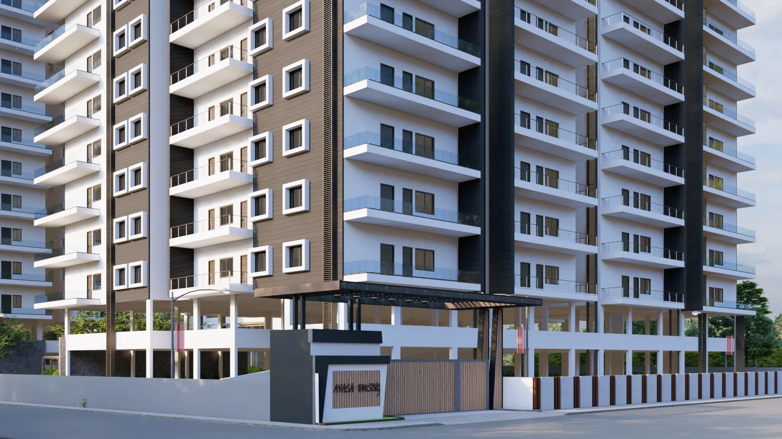 The base and podium of a residential tower seen along the approach road