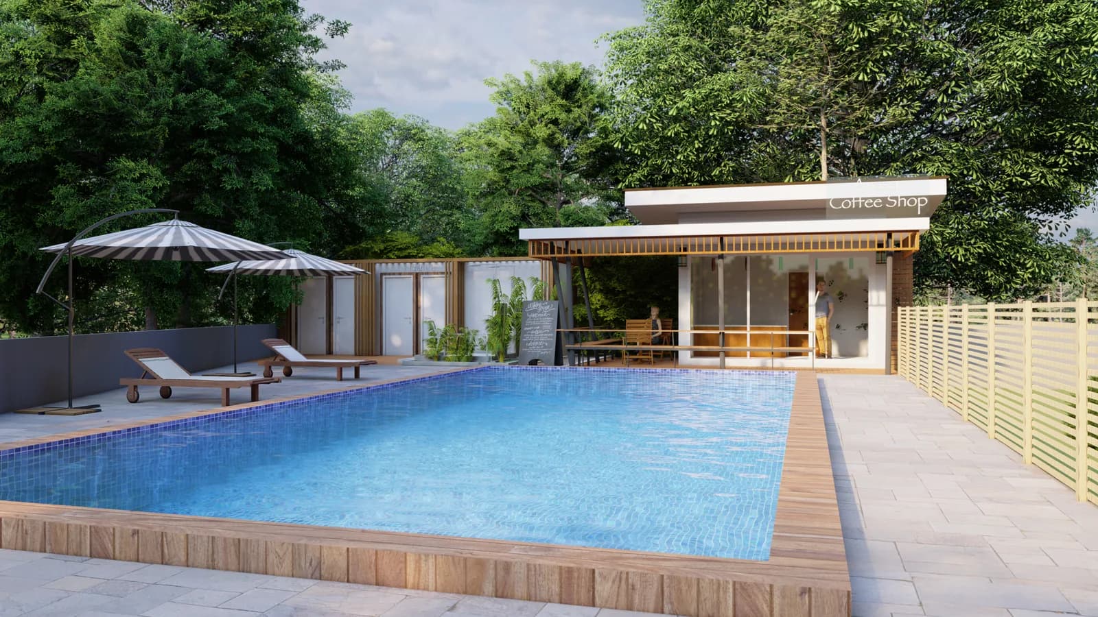A poolside pavilion under a timber canopy beside a long swimming pool