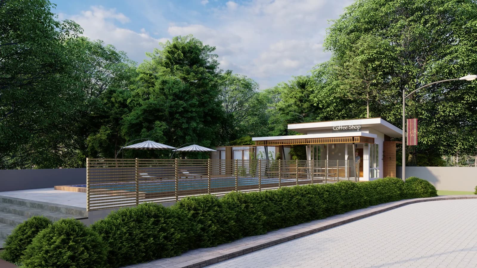 A render of the gatehouse and entrance drive behind clipped hedging