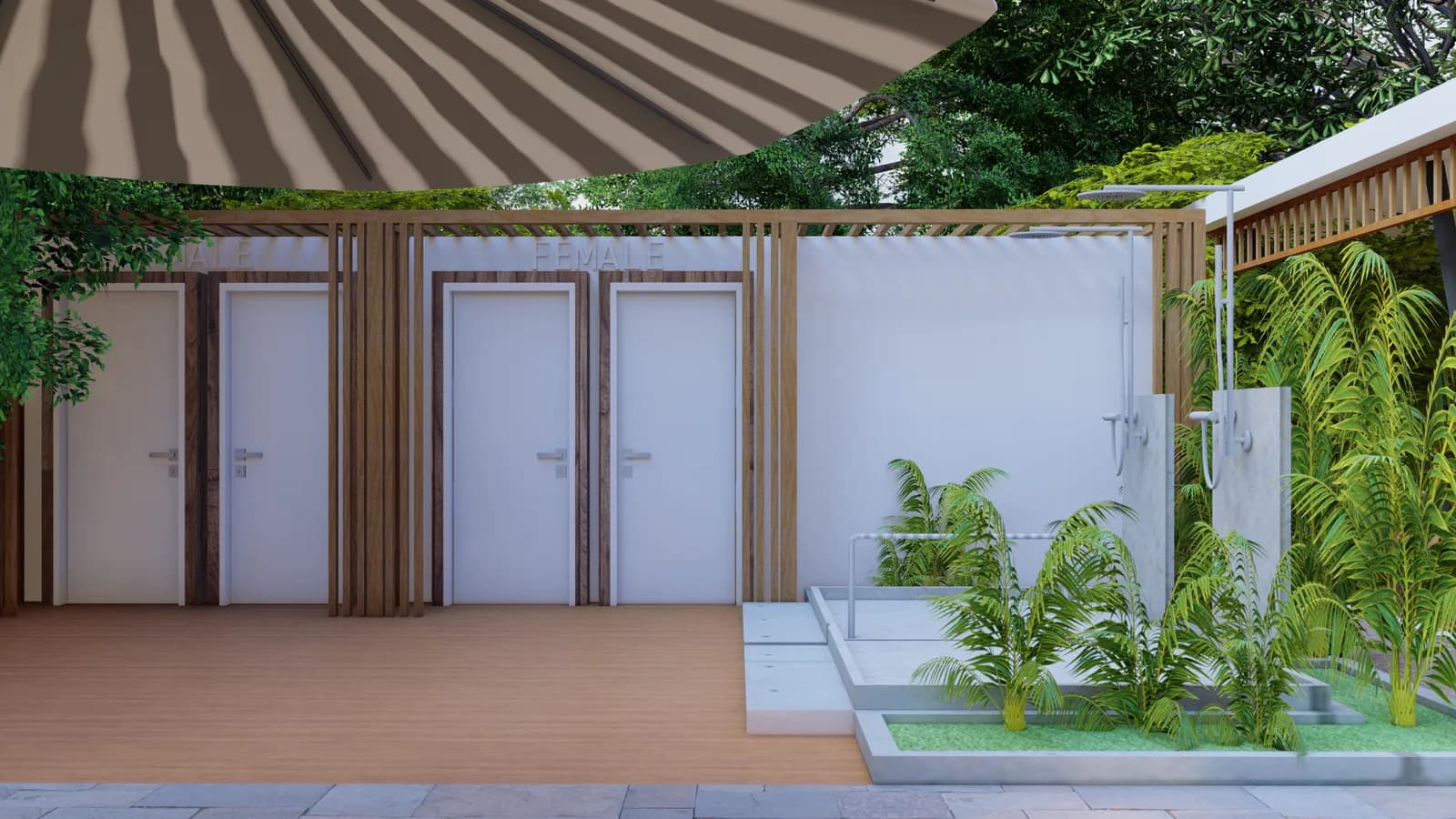 A render of changing rooms beside a planted water feature under a canopy