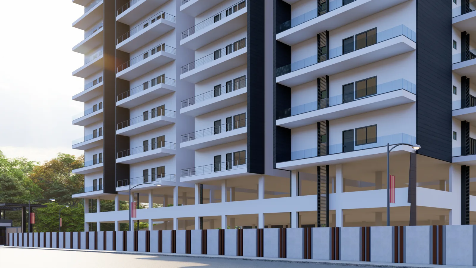 A render of the tower elevation rising above the parking deck