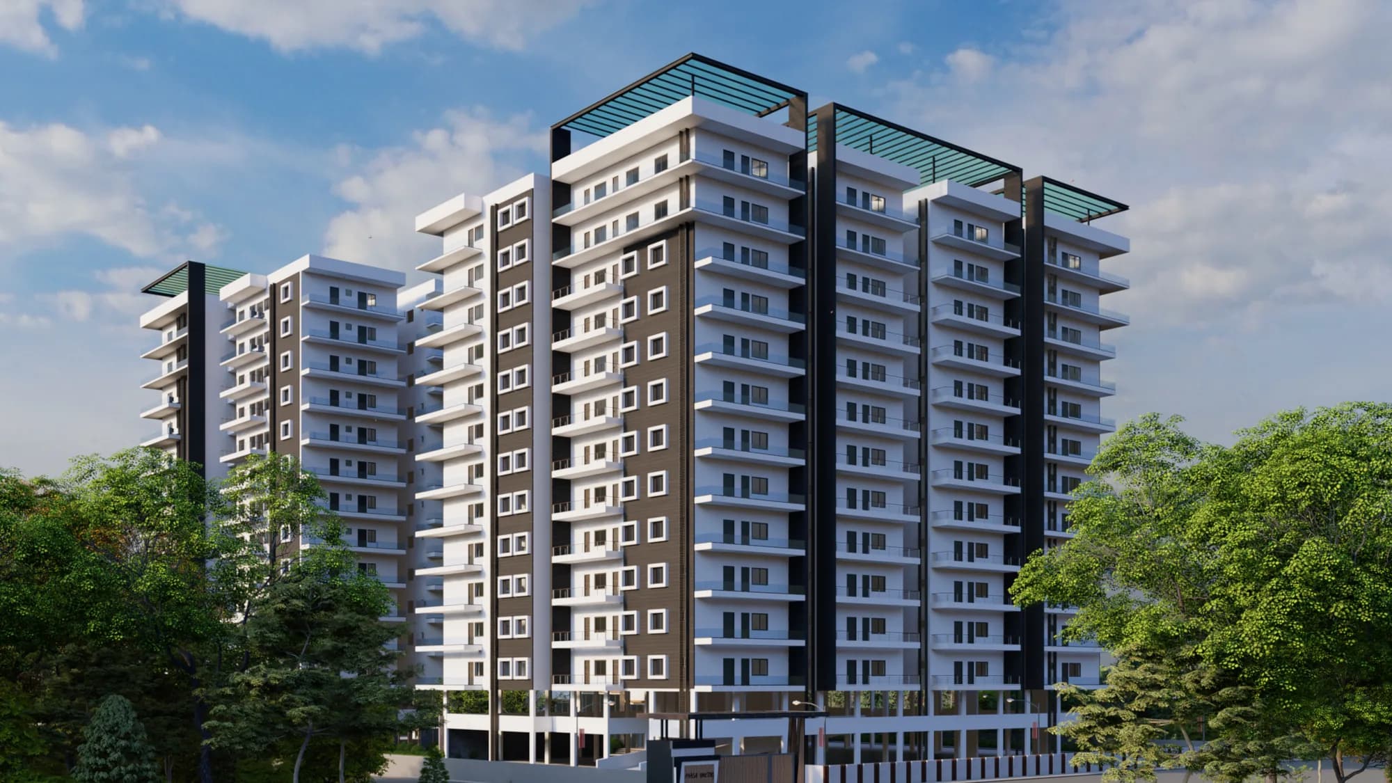 The corner of a residential tower in brown and white, rising above the entrance canopy