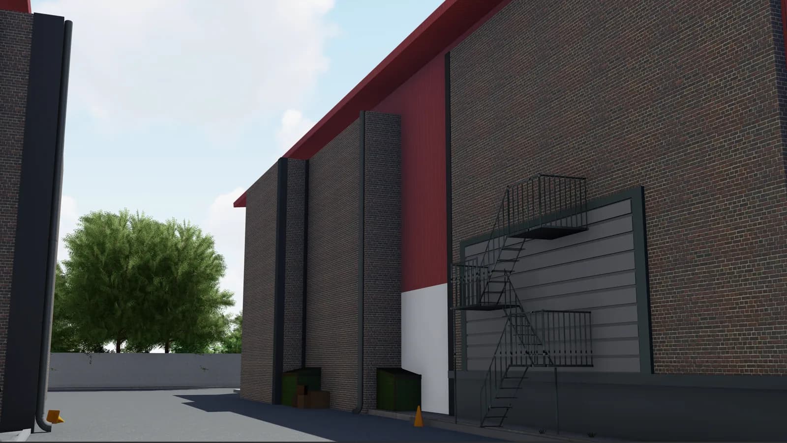 A brick and red-panelled studio elevation with a black external stair