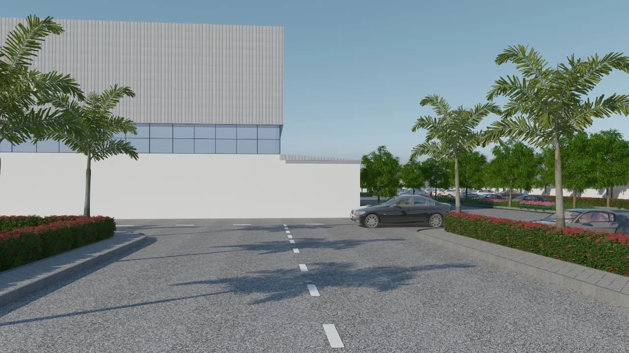 A render of the studio block along its access road