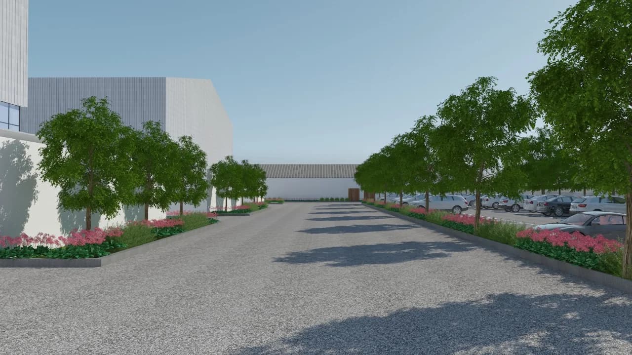 A render of the avenue running between the studio sheds
