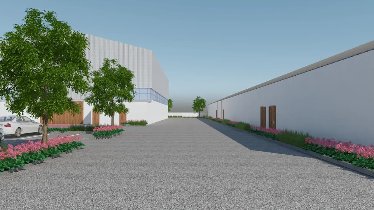 A render of a studio shed elevation along the planted drive