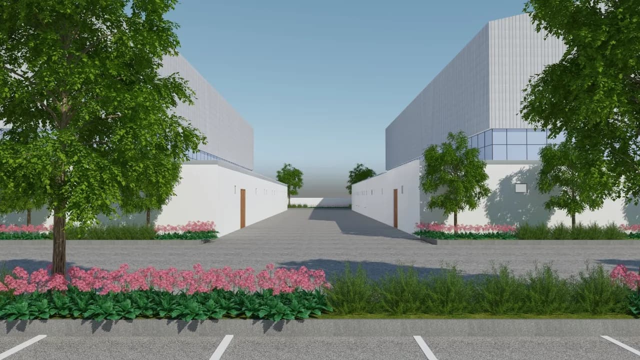 A render of the studio sheds seen across the parking
