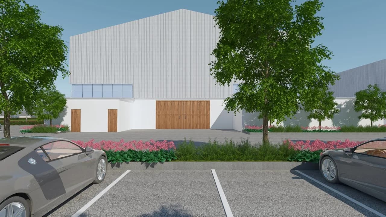 A render of the timber-faced entrance to a studio shed
