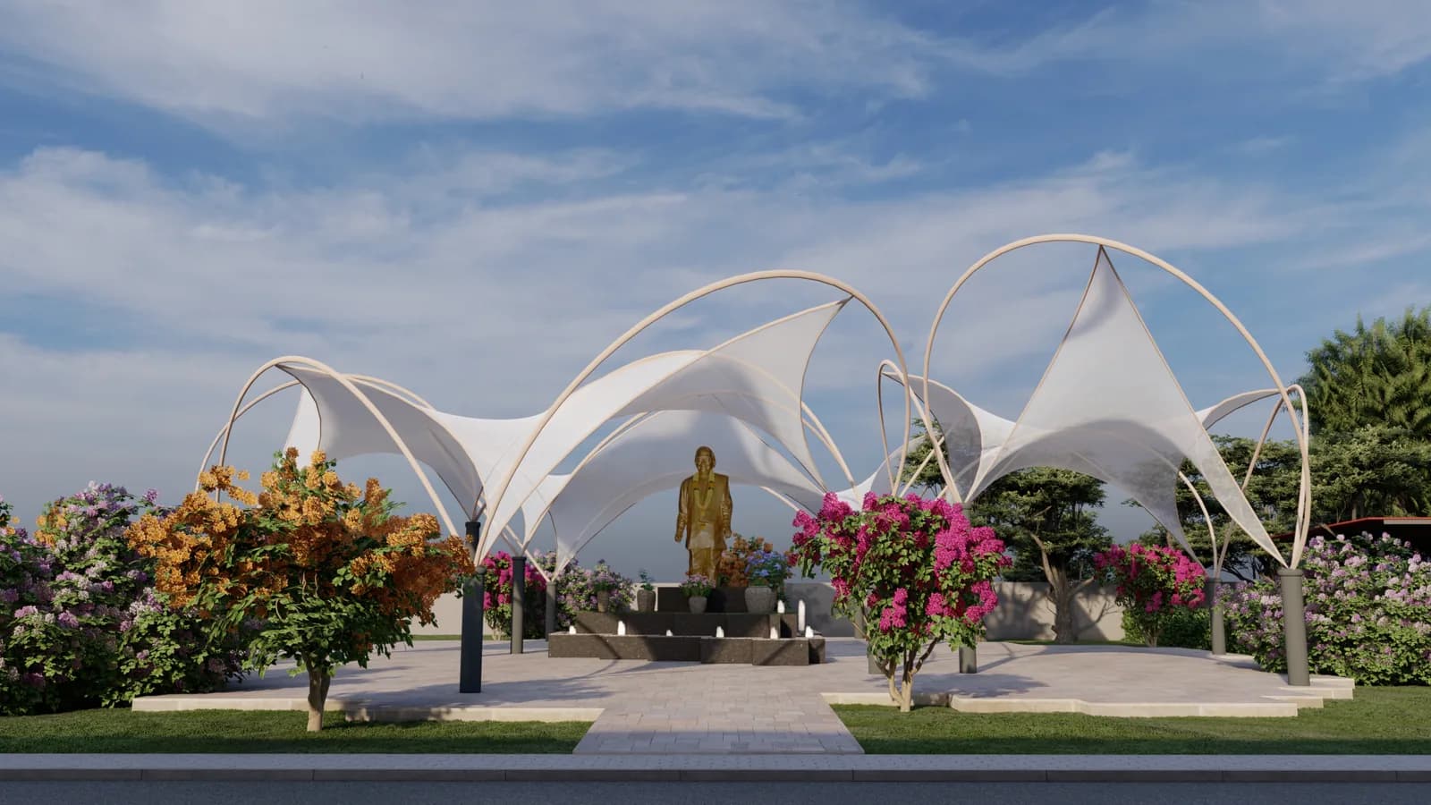 A render of tensile canopies over a landscaped statue court