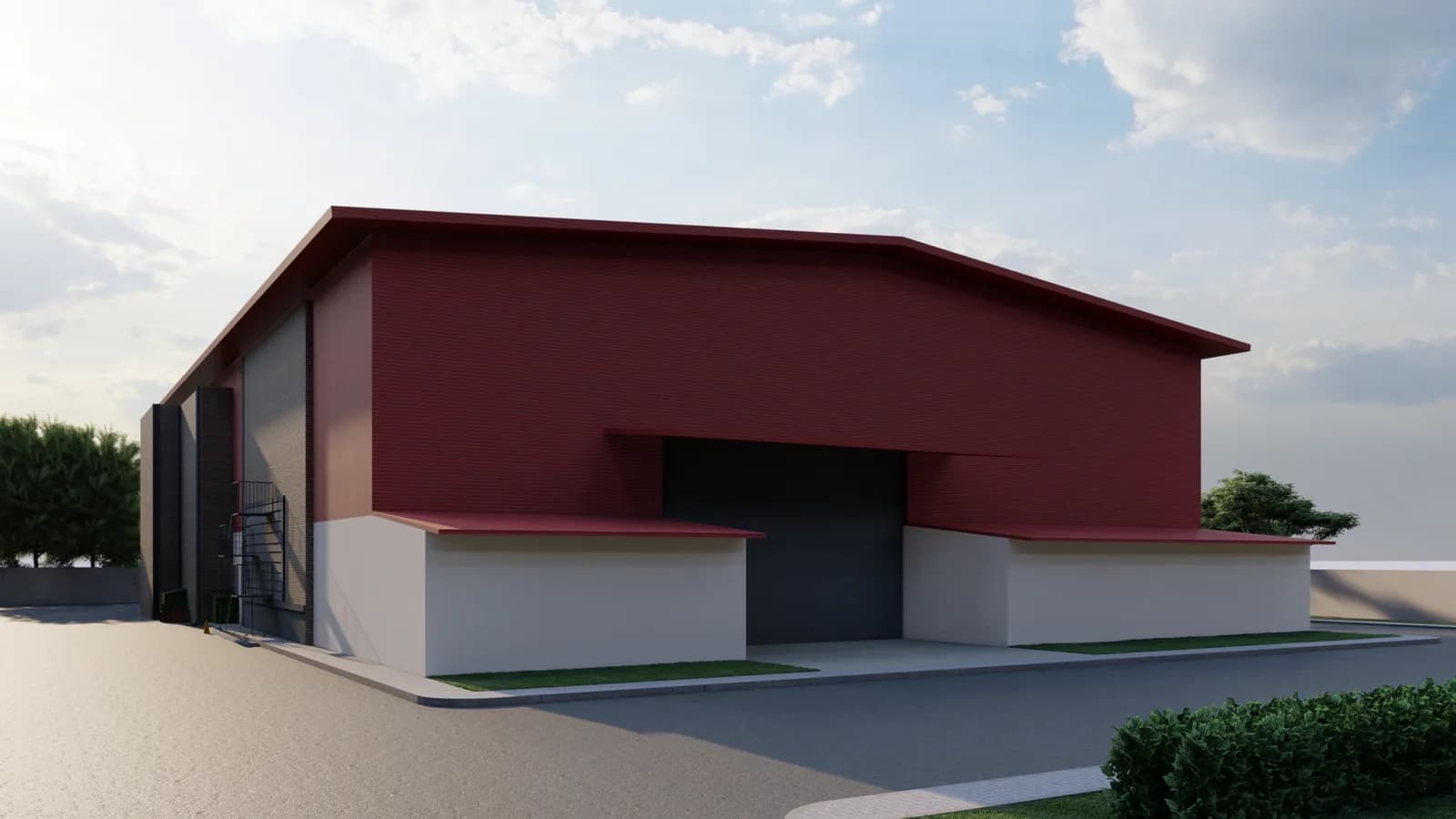 A render of a red and white studio block with a recessed entrance