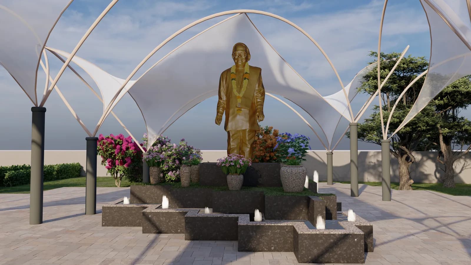 A render of a gilded statue on a stepped plinth beneath the tensile canopy