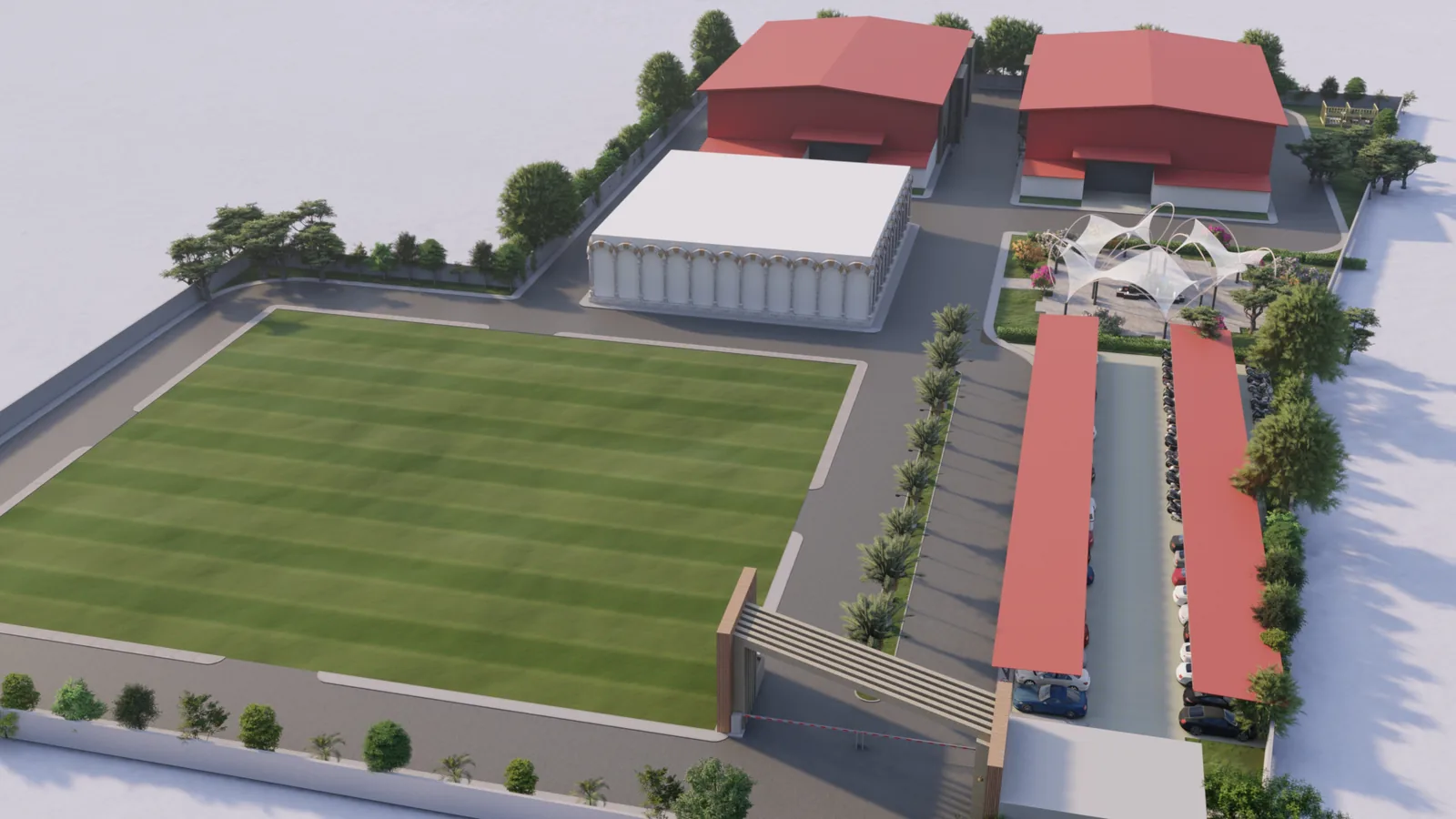 An aerial render of the complex arranged around a central green