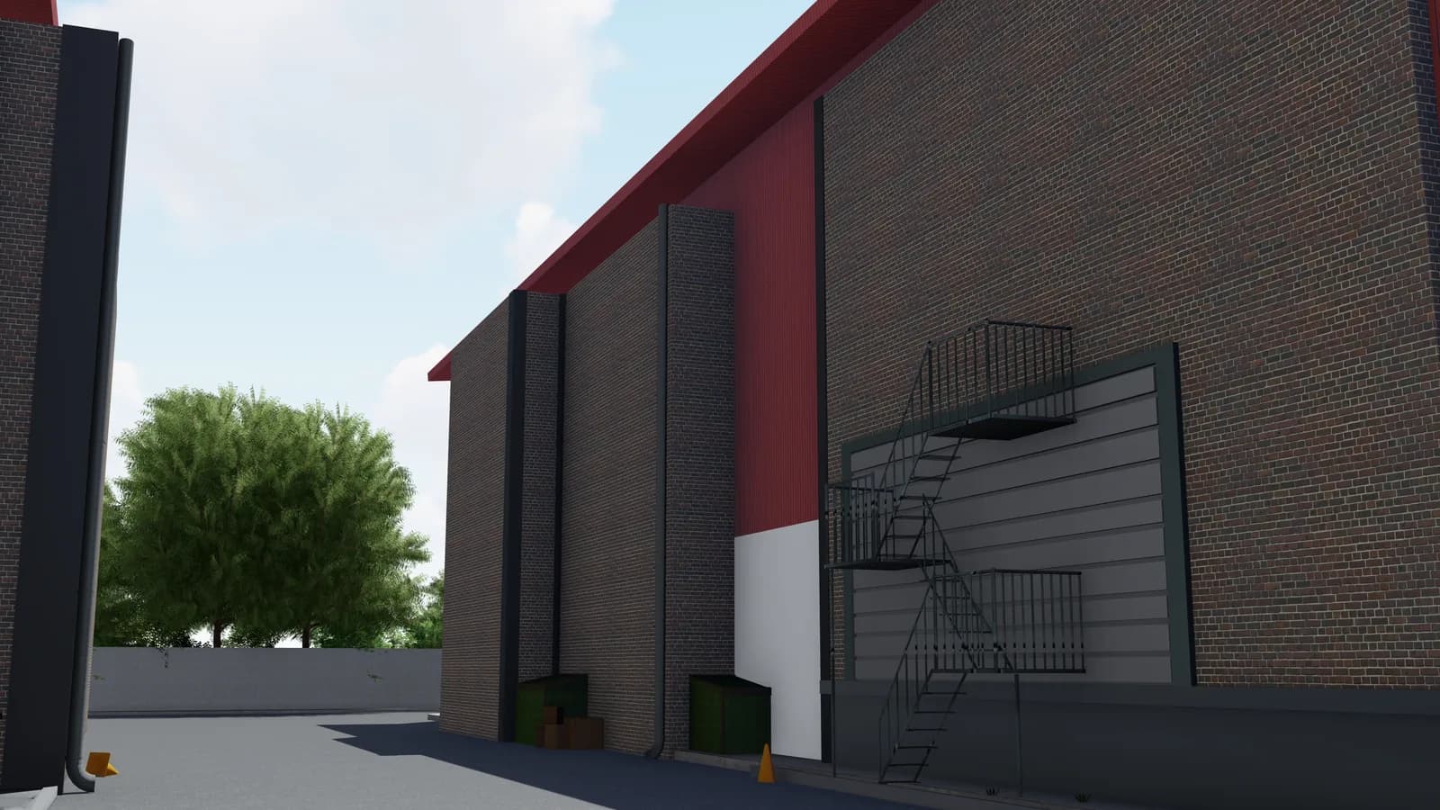 A render of the service yard beside a brick-faced shed with an external stair