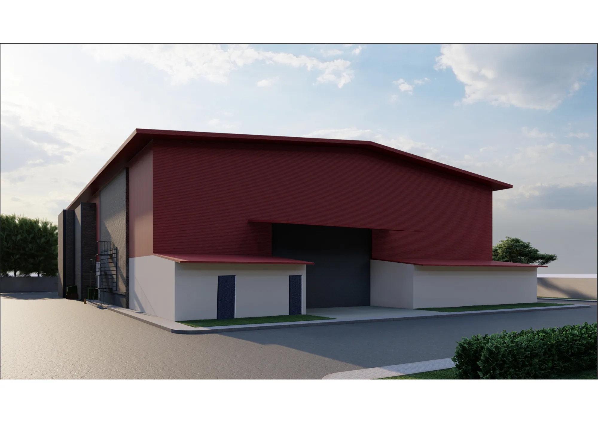 A film studio shed with a deep red roof cantilevered over a white plinth