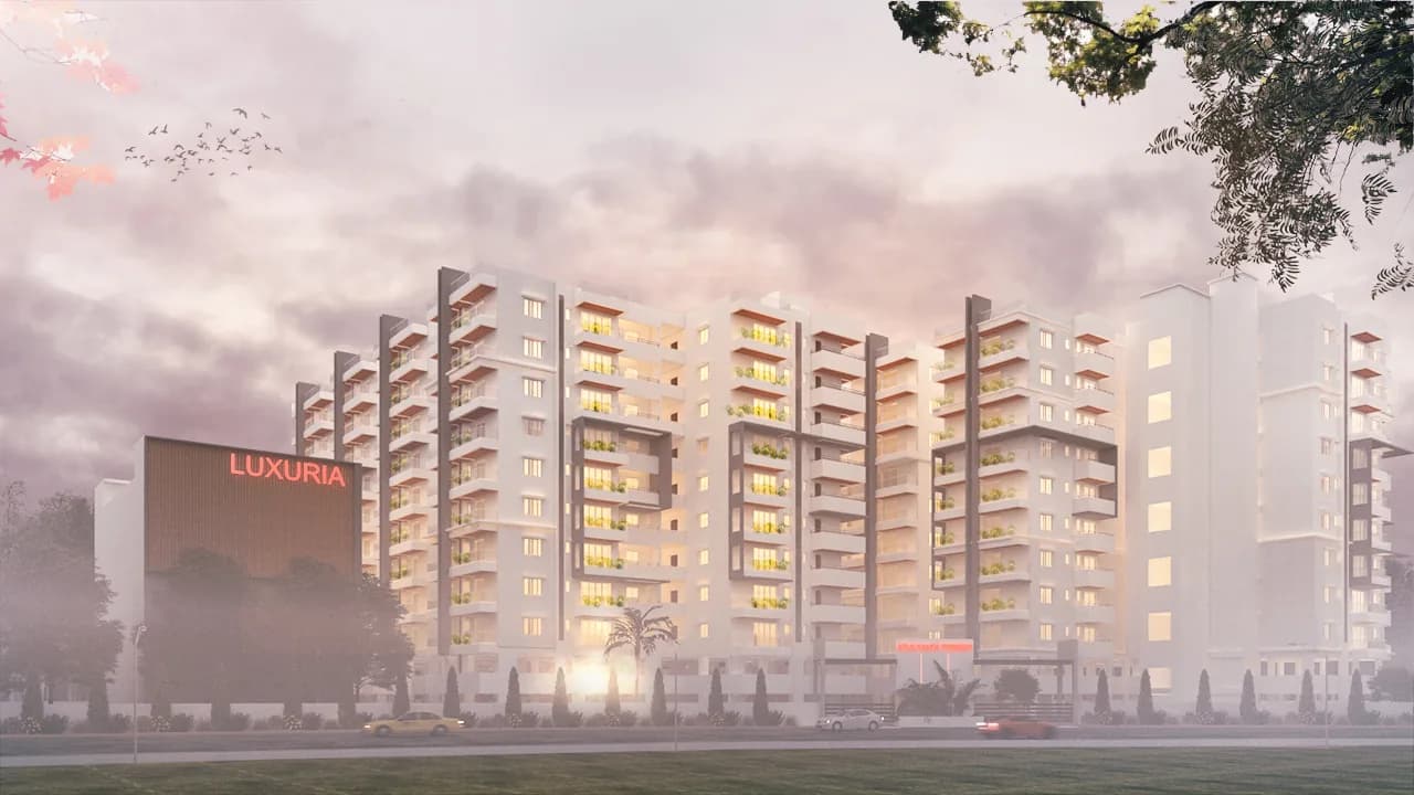 A residential block lit from within at dusk, rising above a hazy street