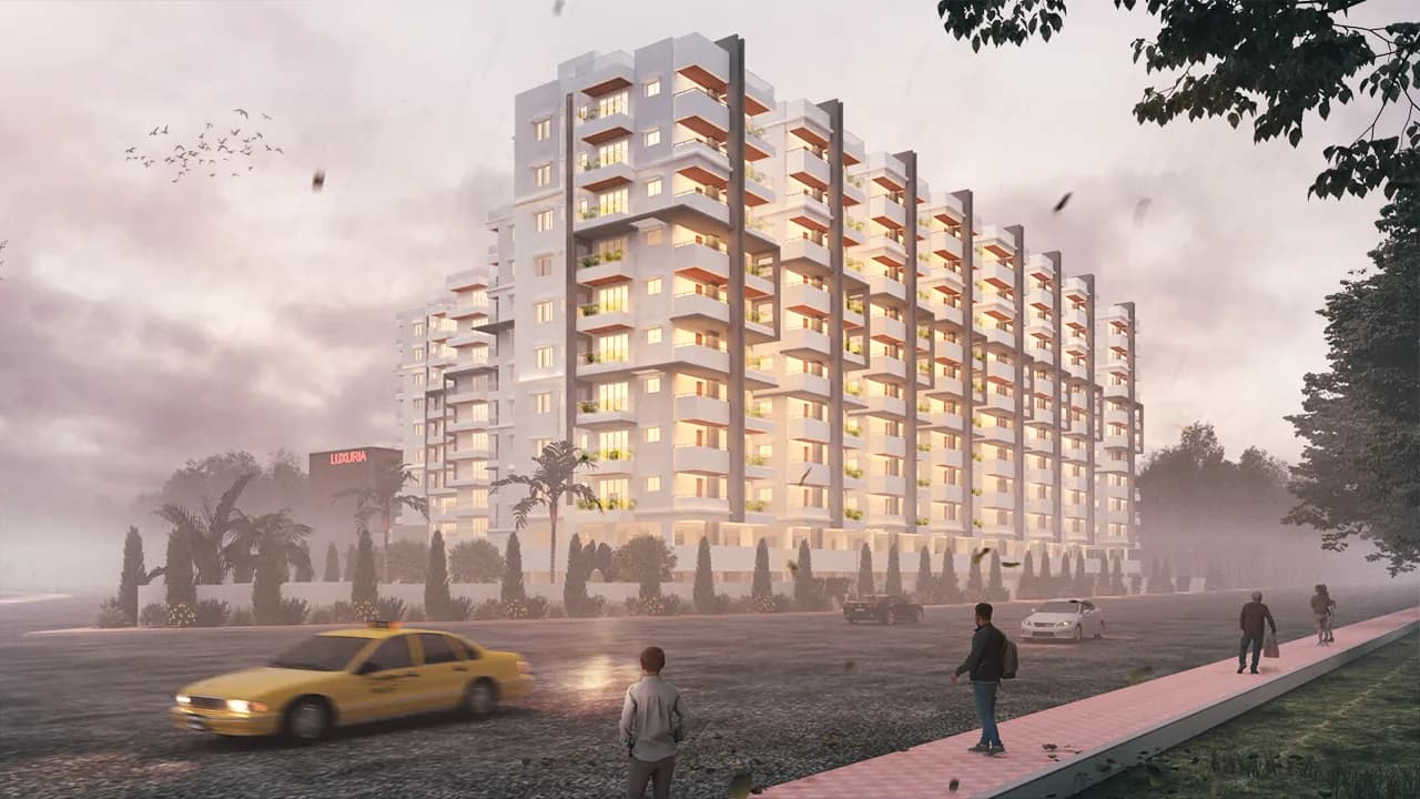 The street elevation at dusk, warm light spilling across its bays