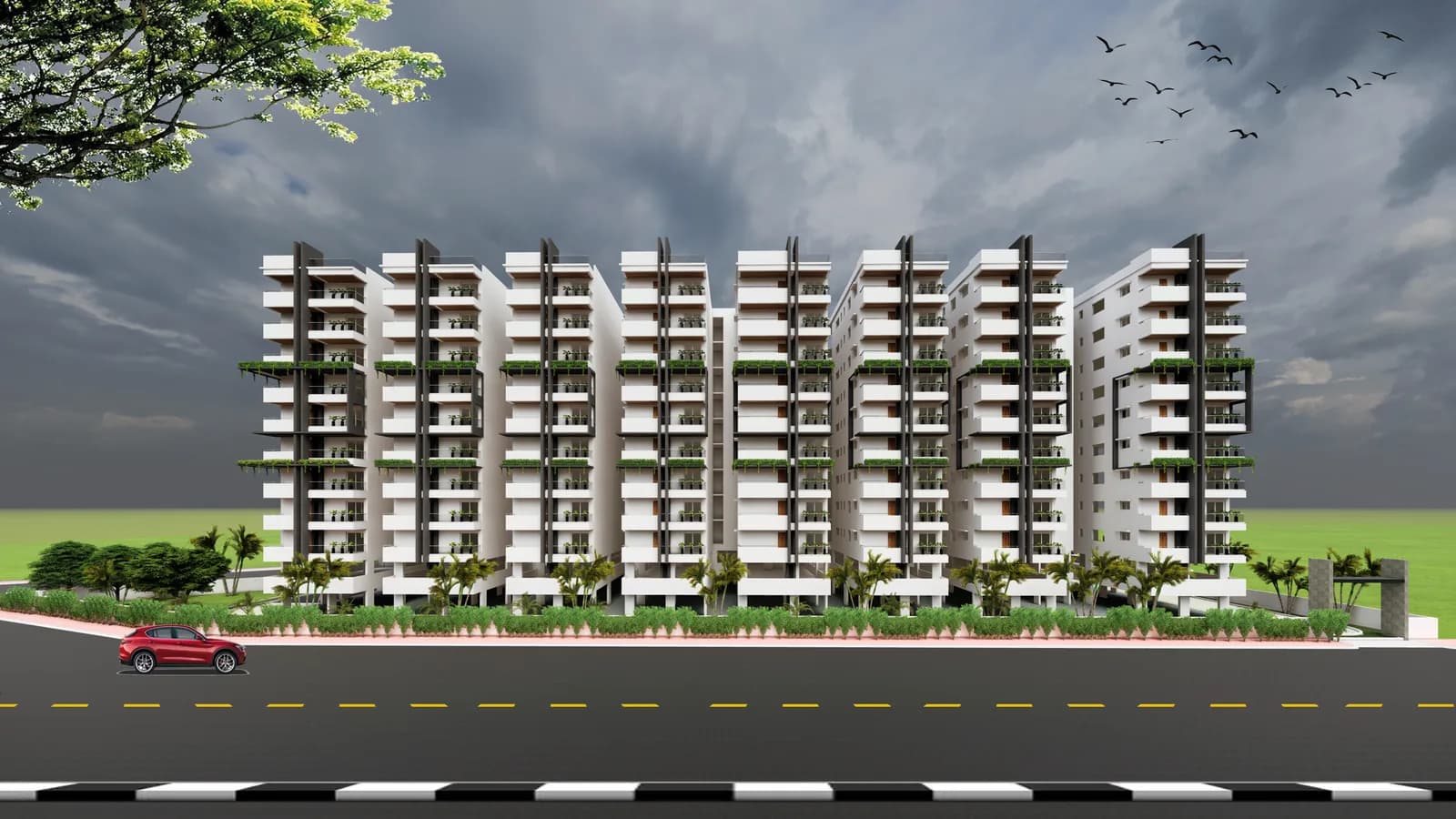 A render of the apartment block's long street elevation