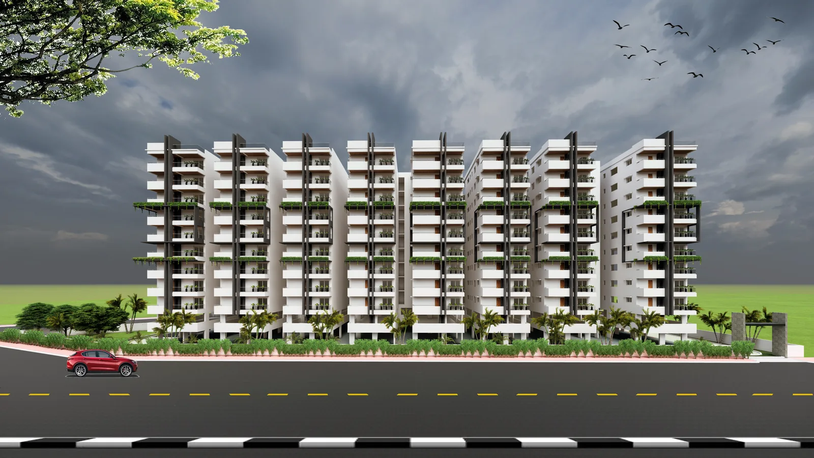 A render of the street elevation seen from the far end