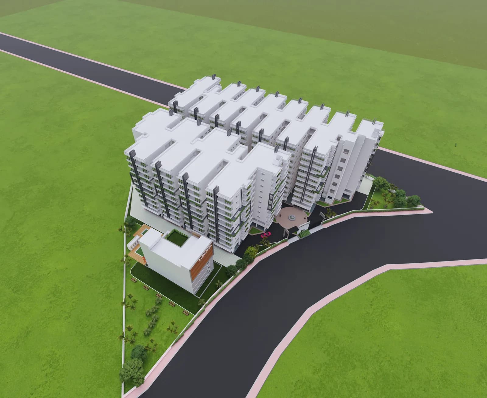 An aerial render of the block and its approach road
