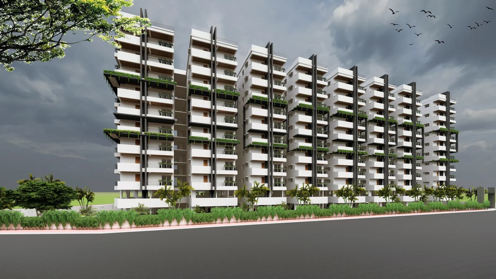 A render of the stacked balconies seen from the corner