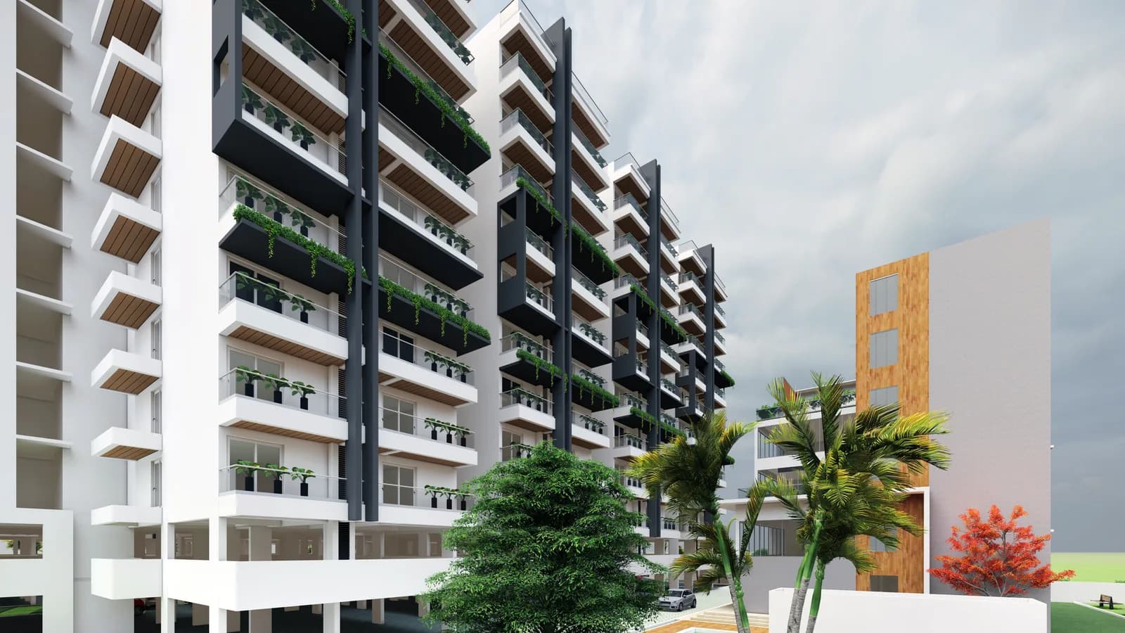 A render of the balcony stack rising above the podium