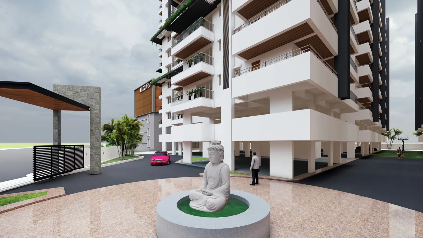 A render of the entrance court with a seated statue on a plinth