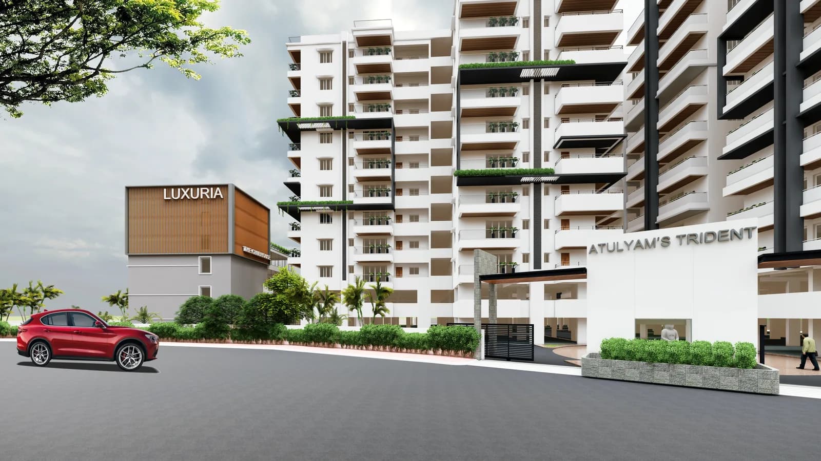 A render of the entrance signage and drop-off