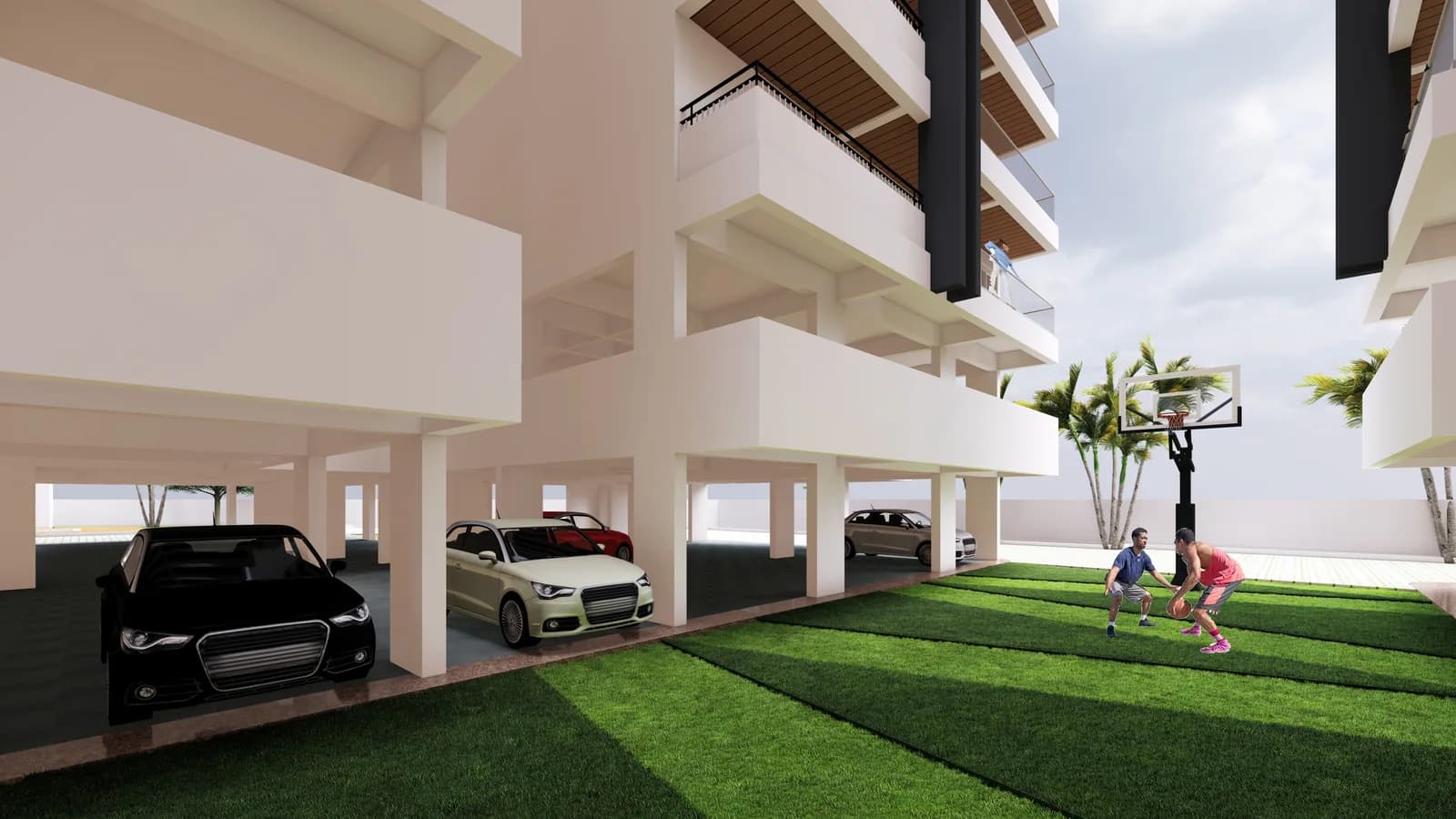A render of podium parking beneath the block, with a play lawn