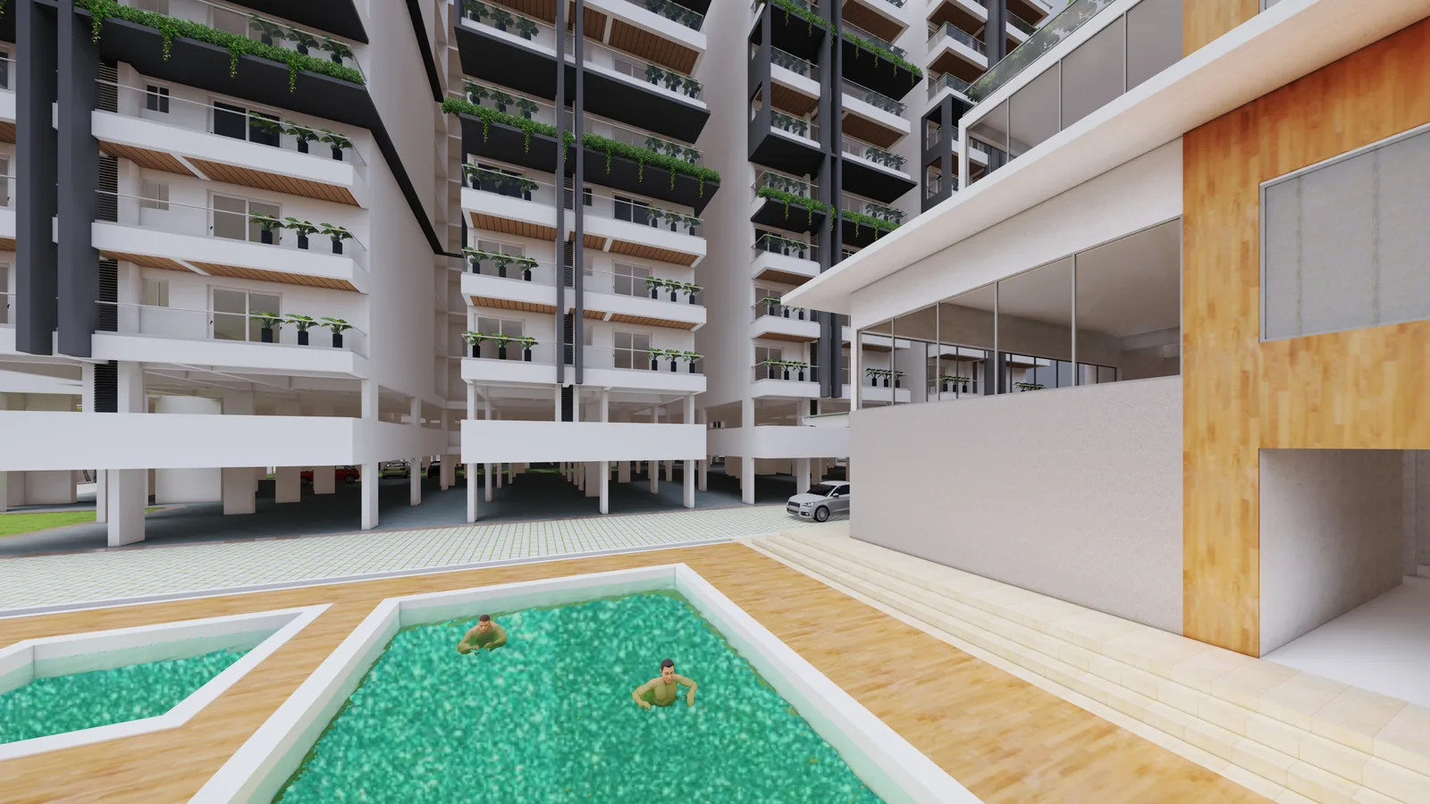 A render of the pool deck within the courtyard