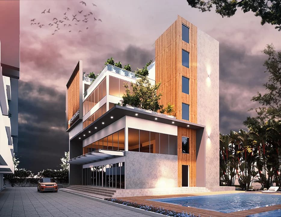 A dusk render of the corner block in timber and stone above a pool