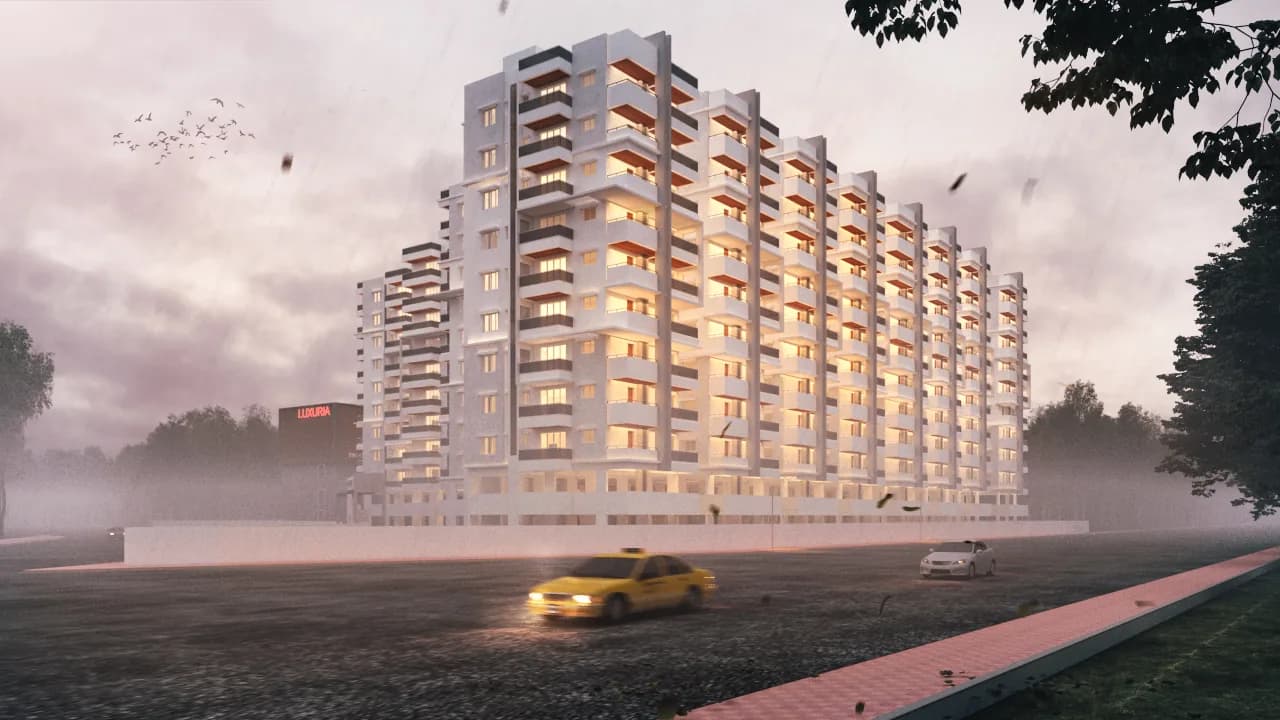 A long residential elevation at dusk with warm light in every bay