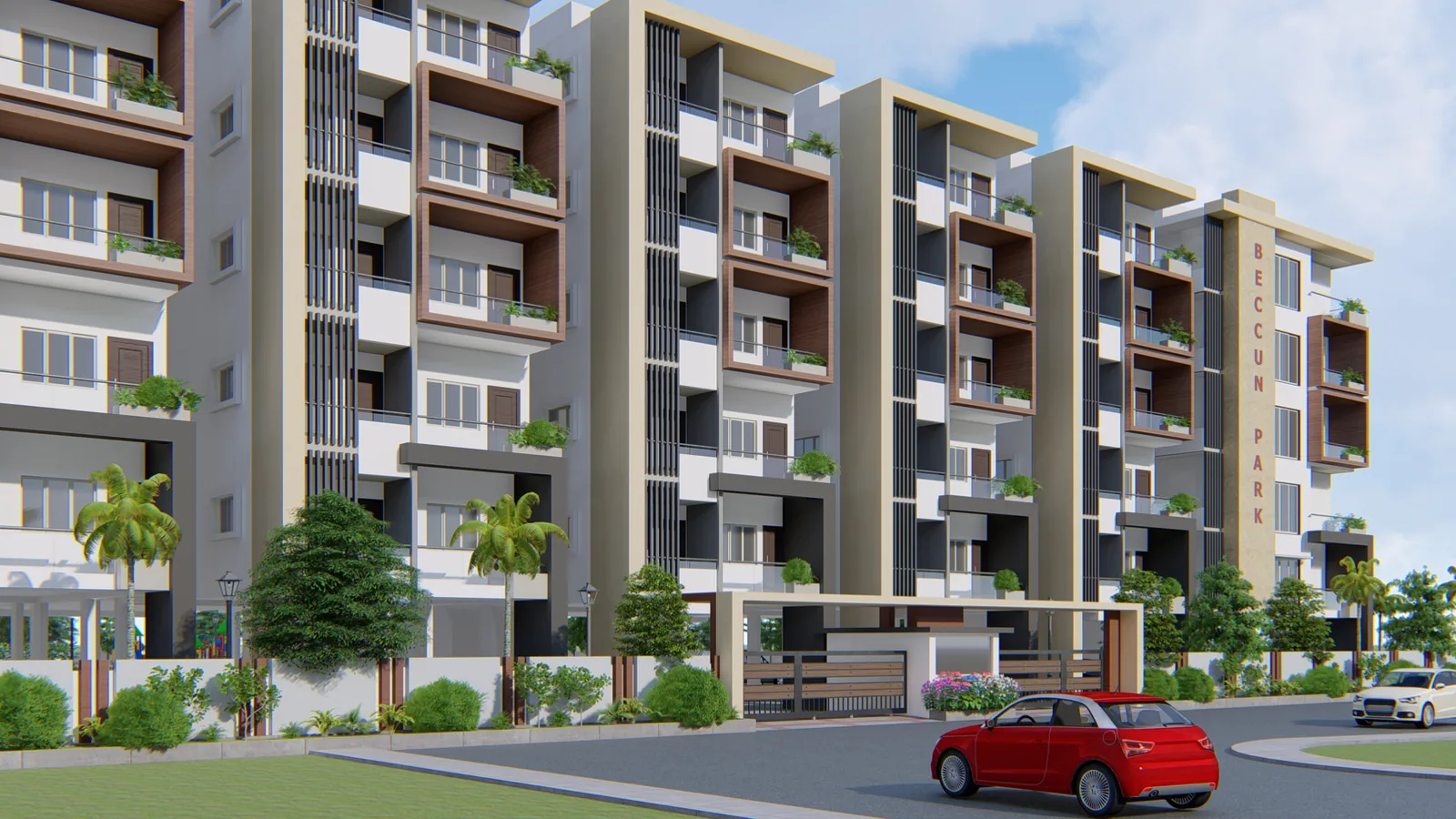 The corner of a residential block above its entrance gate and boundary planting