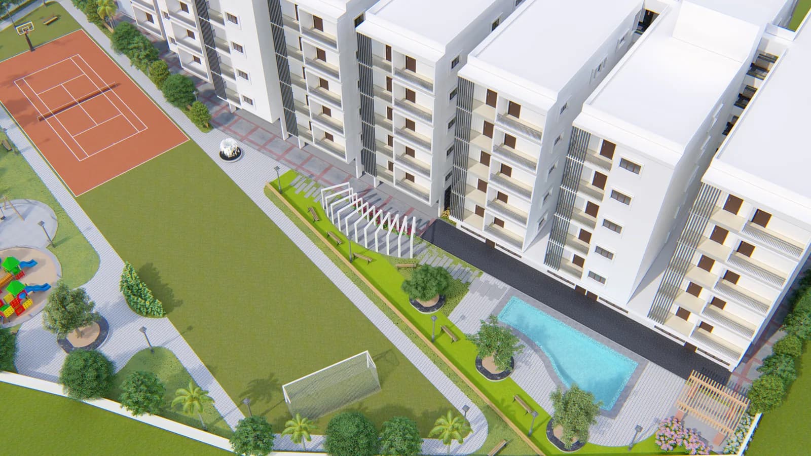 An aerial view of the courtyard, pool and lawn set between two residential wings