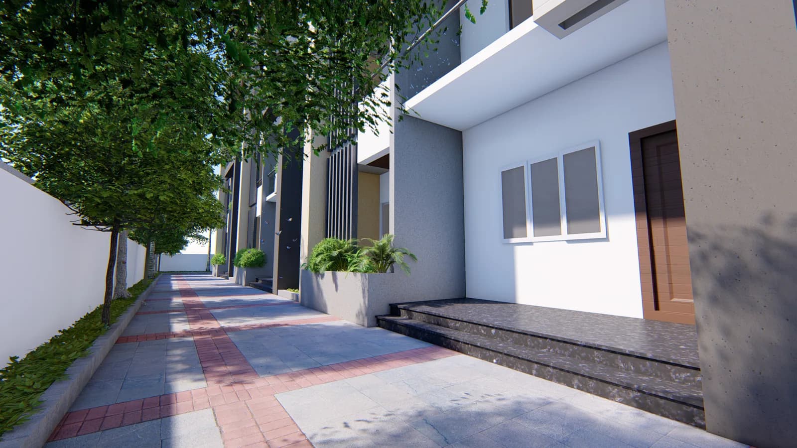 A side elevation rising above a paved walk edged with planting