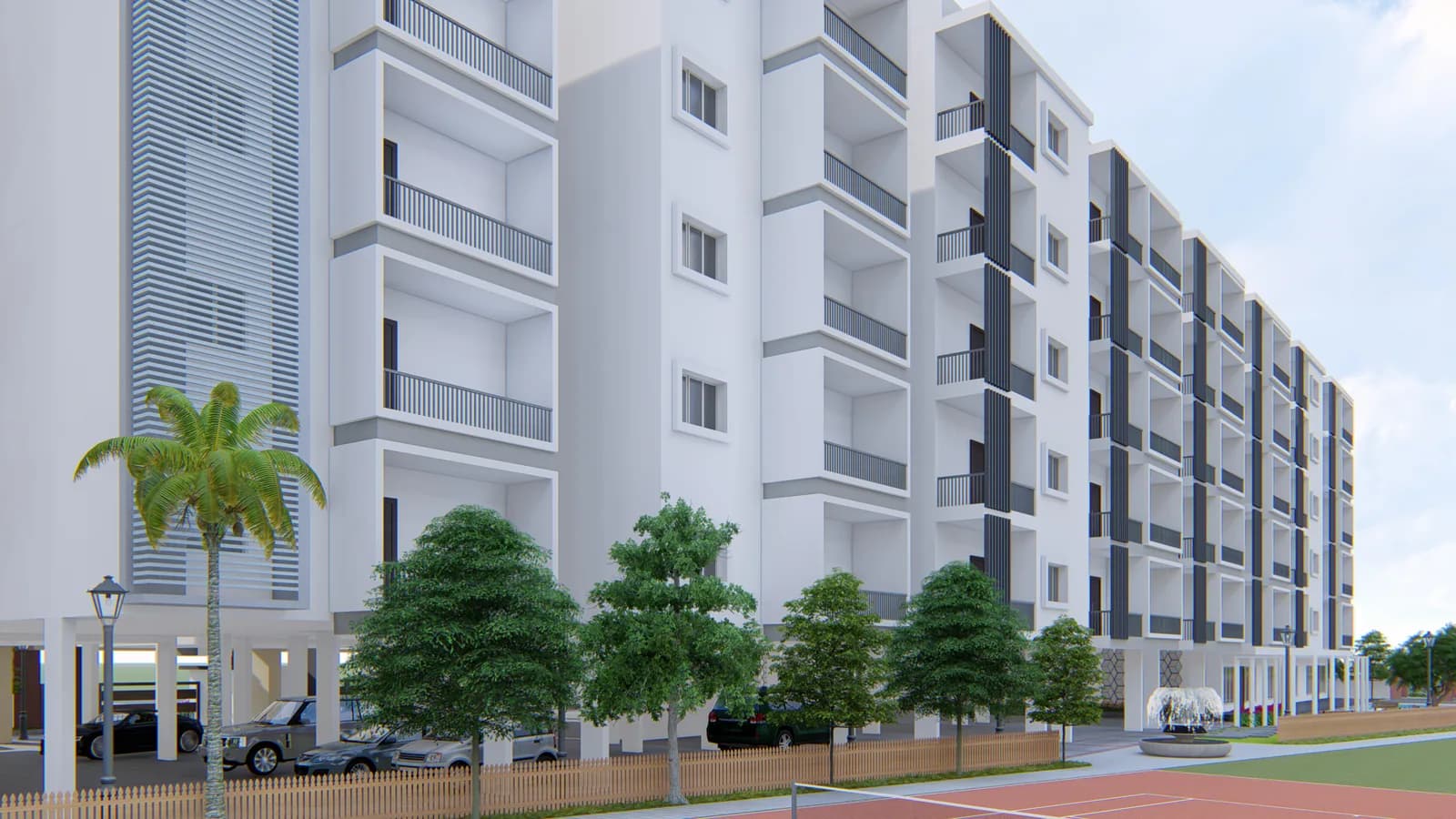 A render of the long elevation behind newly planted trees