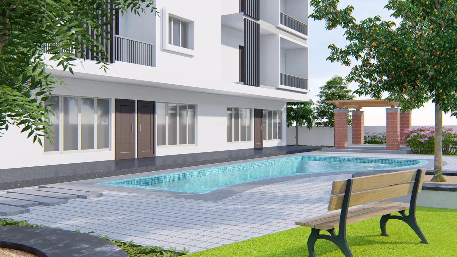 A render of the pool and lawn beside the block