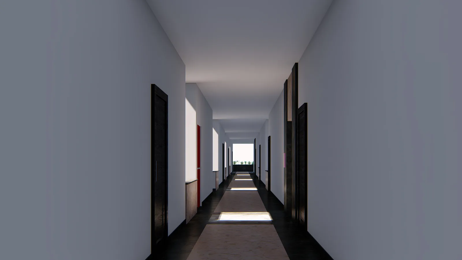 A render of a corridor running between apartment doors