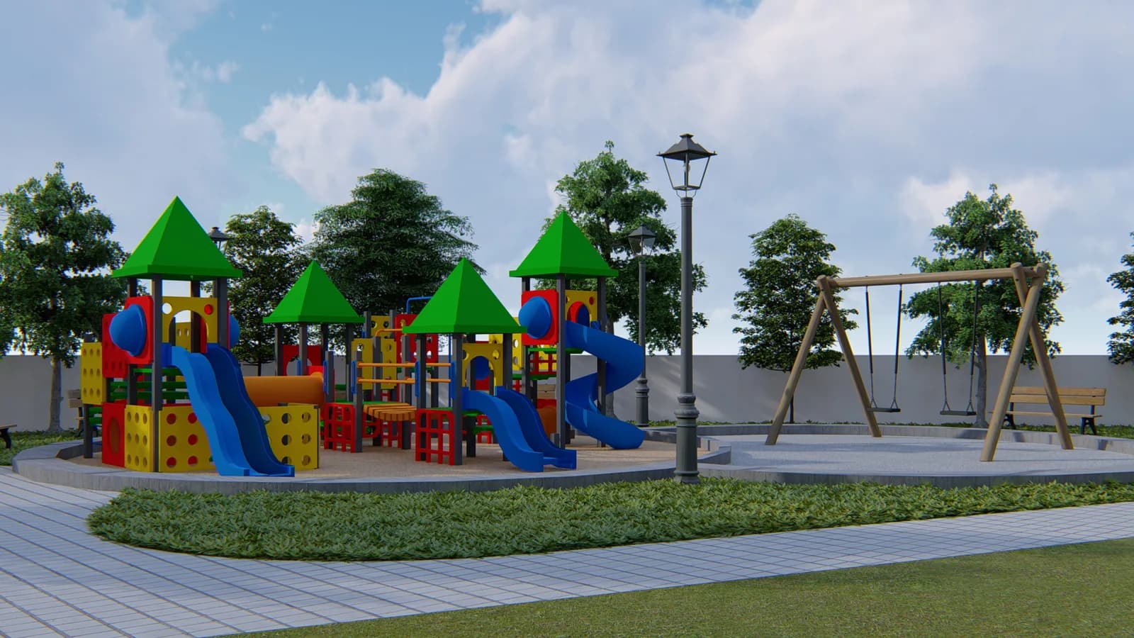 A render of the children's play area set on the lawn