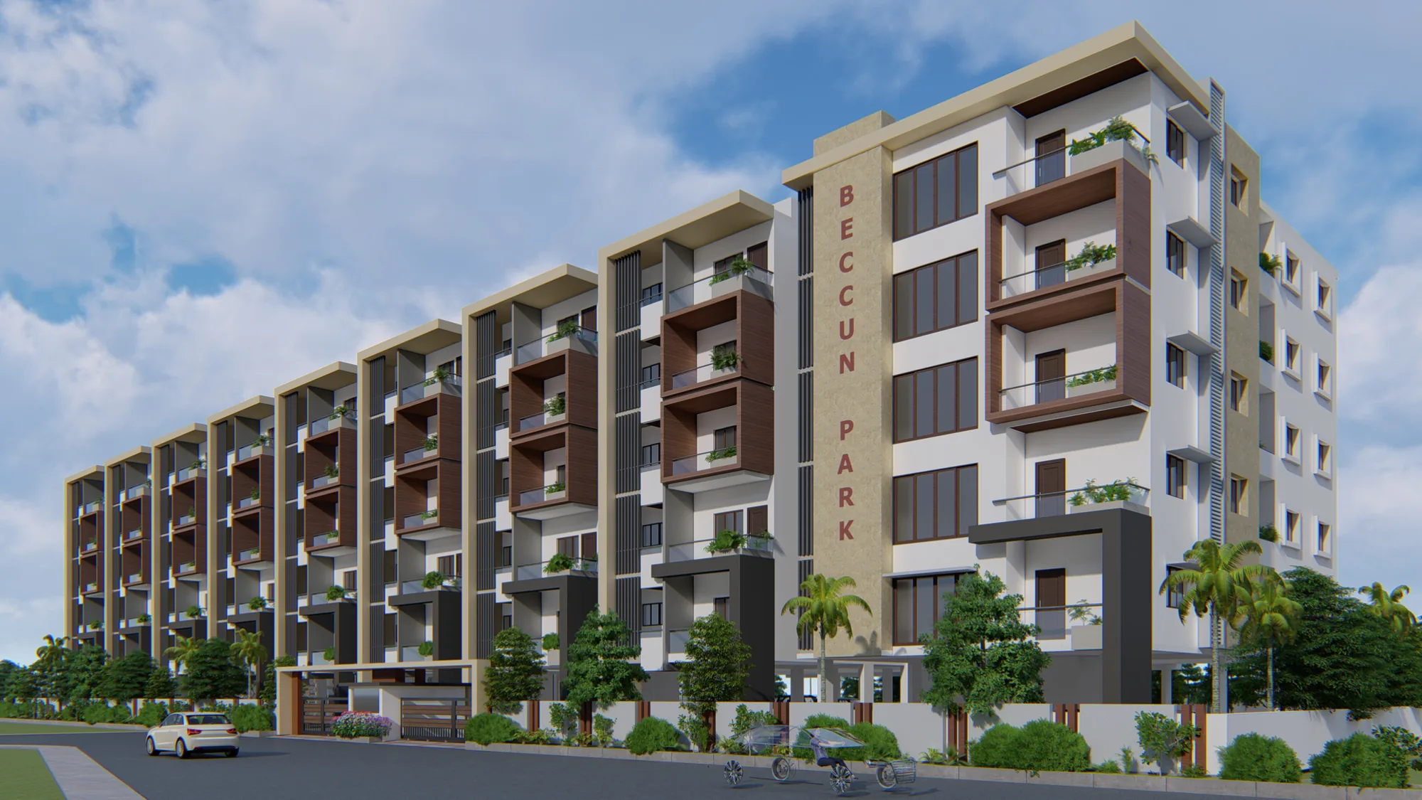 A long residential elevation with the project name set vertically on a stone fin