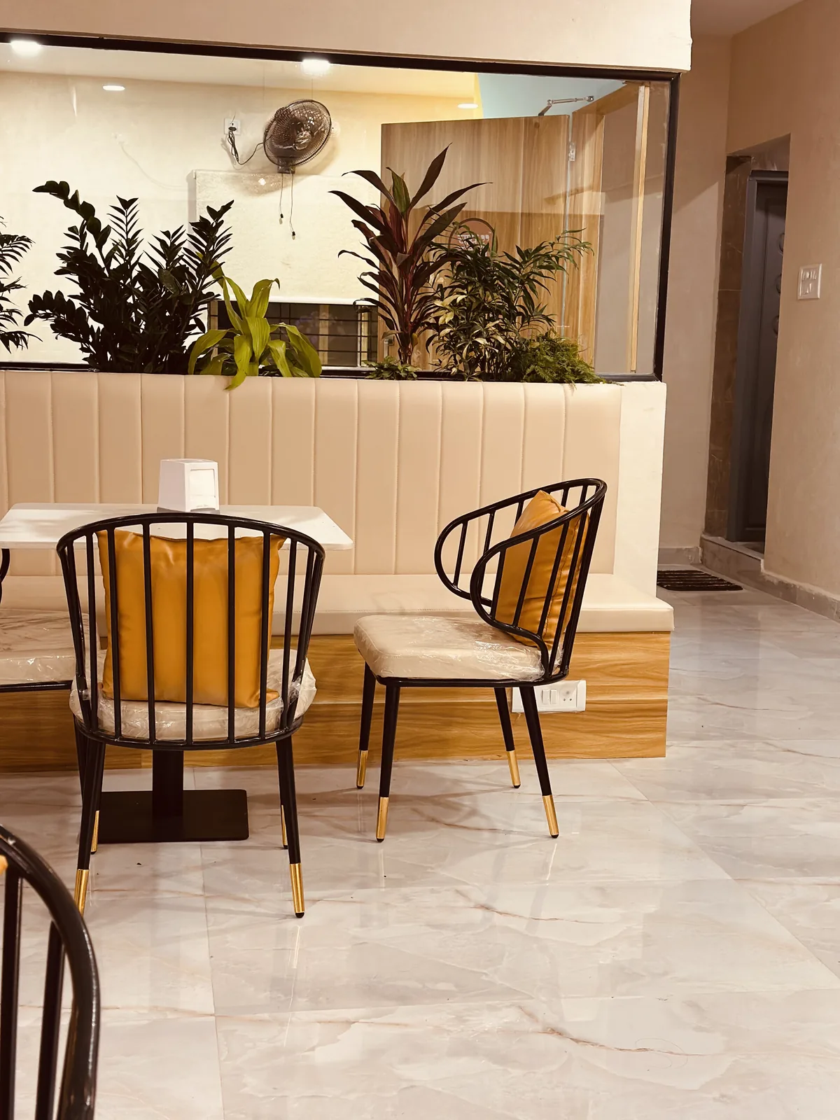 Two black cane chairs at a low table beside a pale banquette, planting above