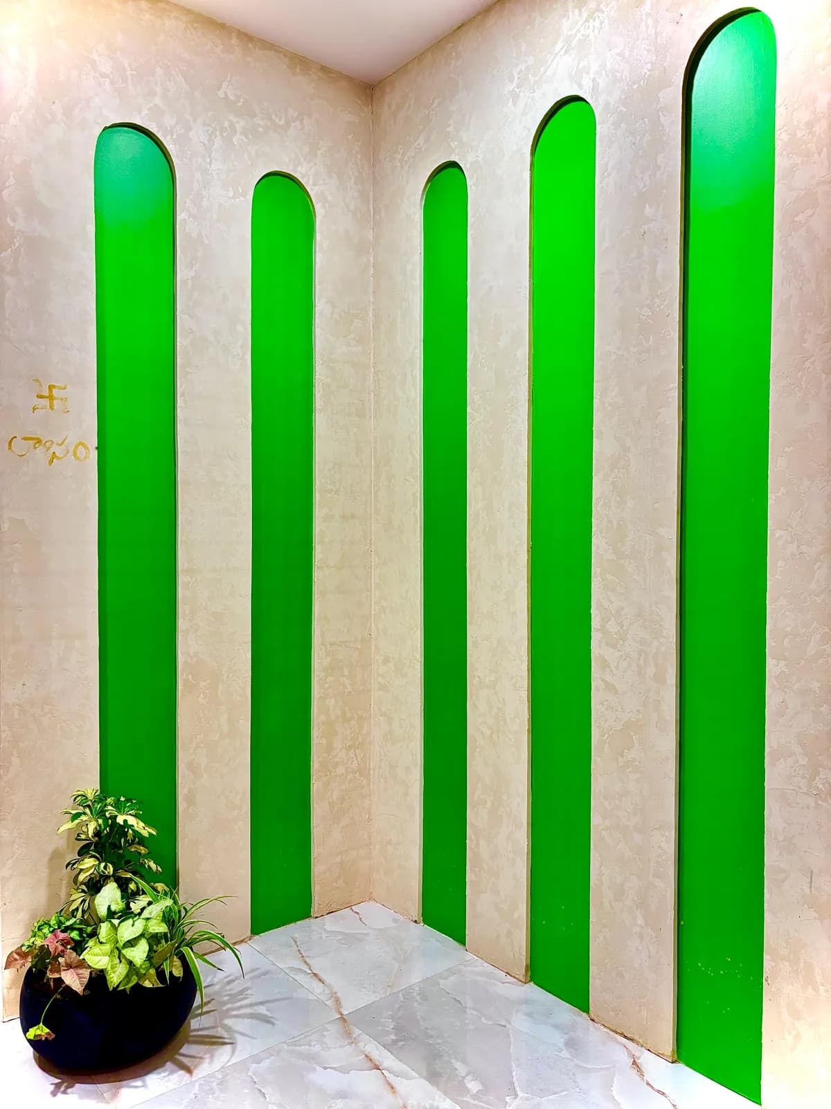 Arched green wall panels newly fitted, a plant standing at the base