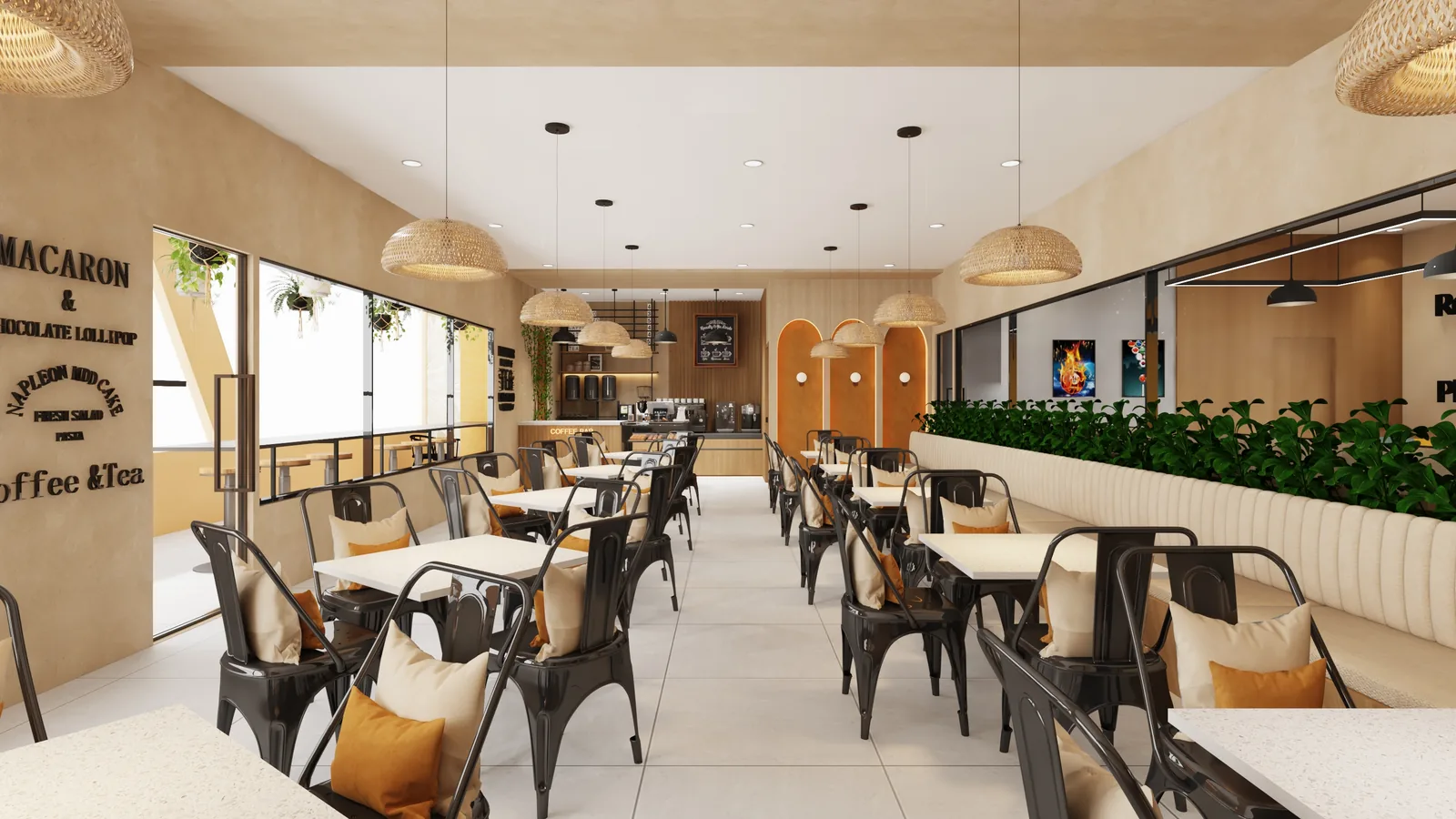 A scheme view of the cafe with banquettes and planting along the wall