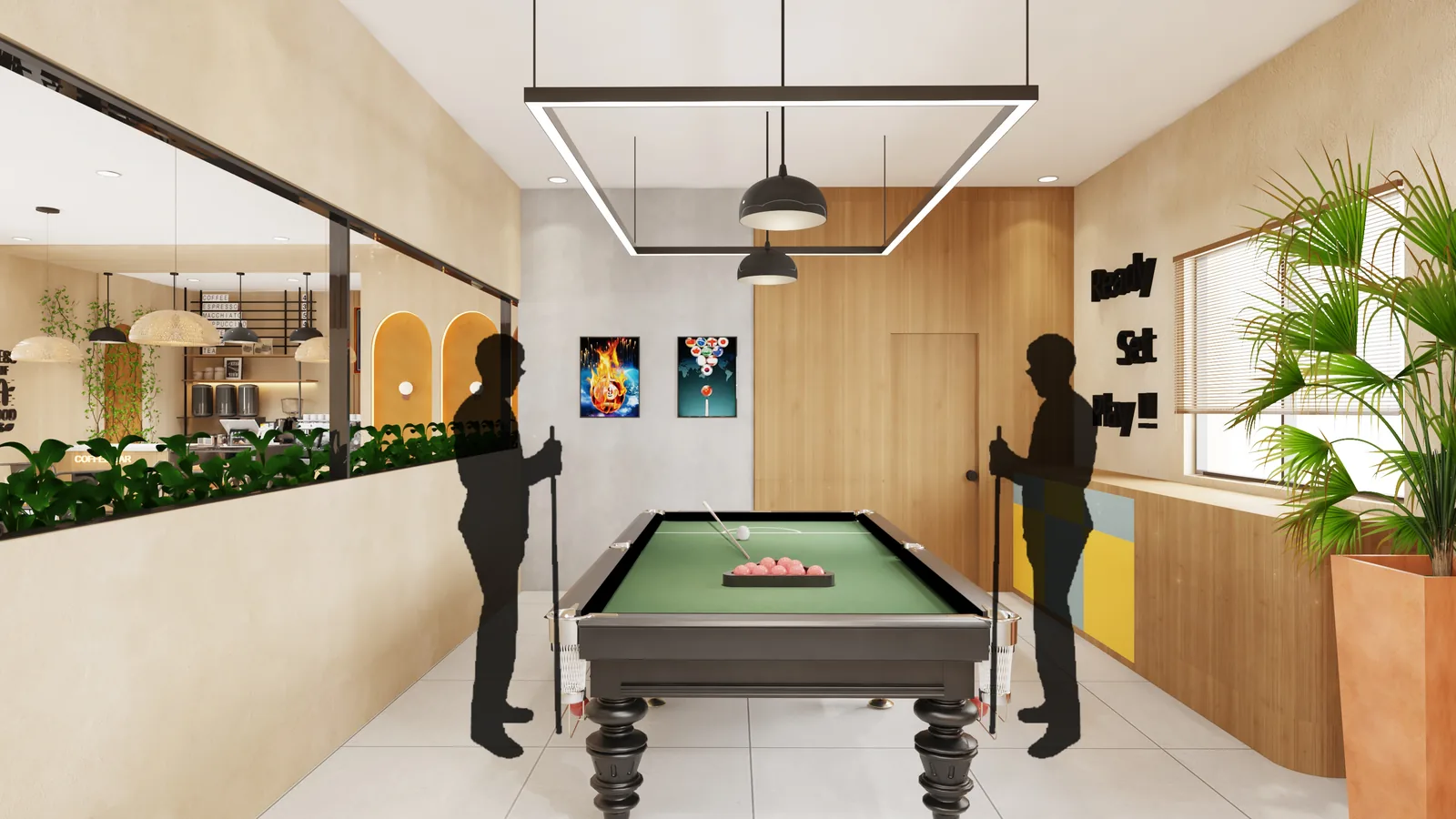 A scheme view of the games area with a pool table beside arched niches