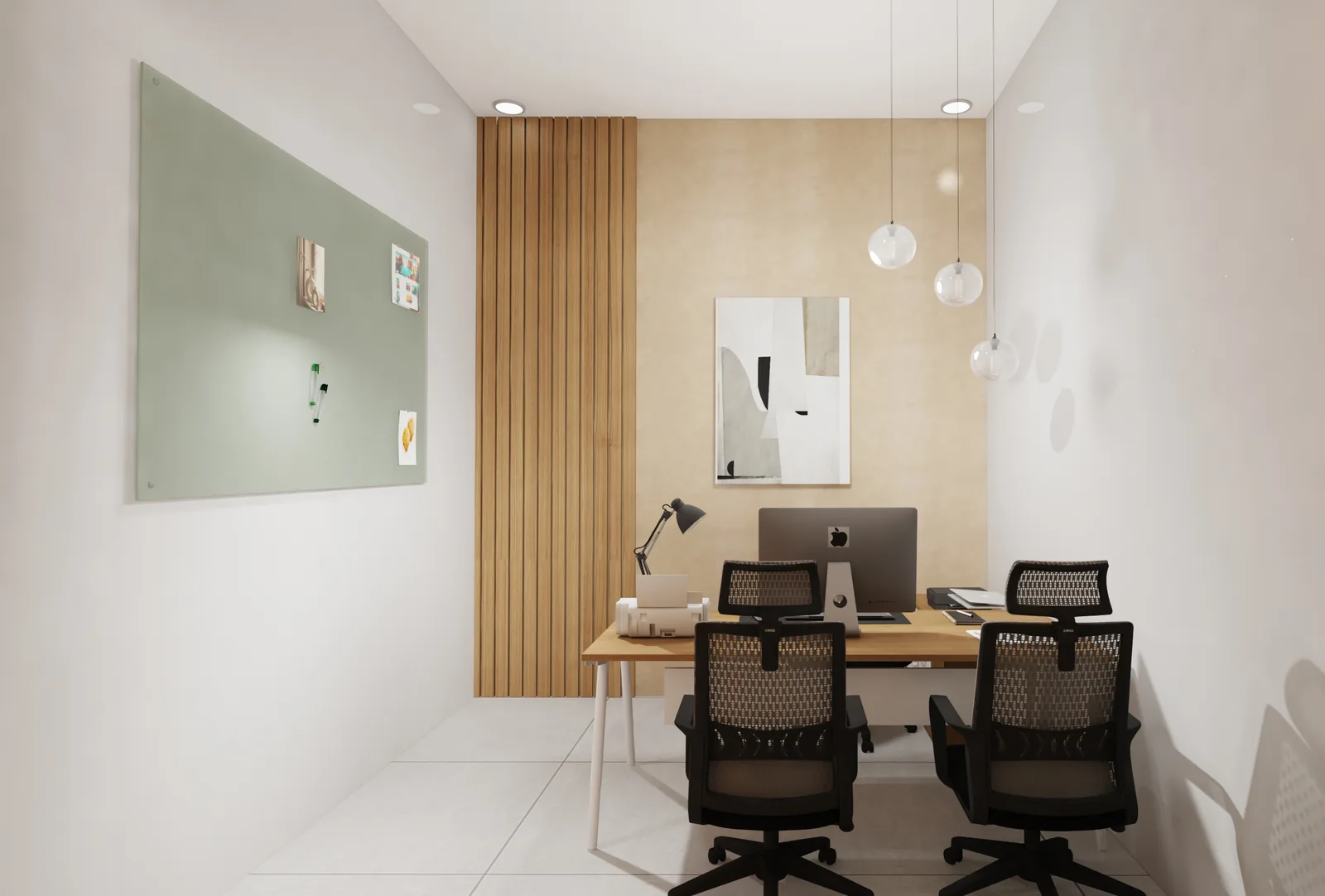 A scheme view of a small office with a shared desk and a green pinboard