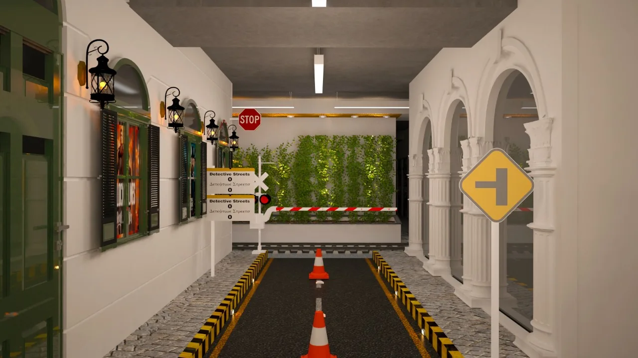 An indoor street of arched white facades over a painted roadway with traffic cones
