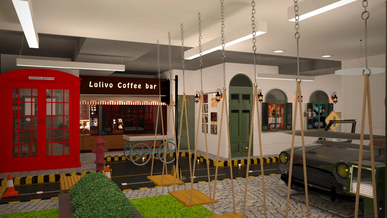 A red café facade on the indoor street, timber swings hanging in the foreground