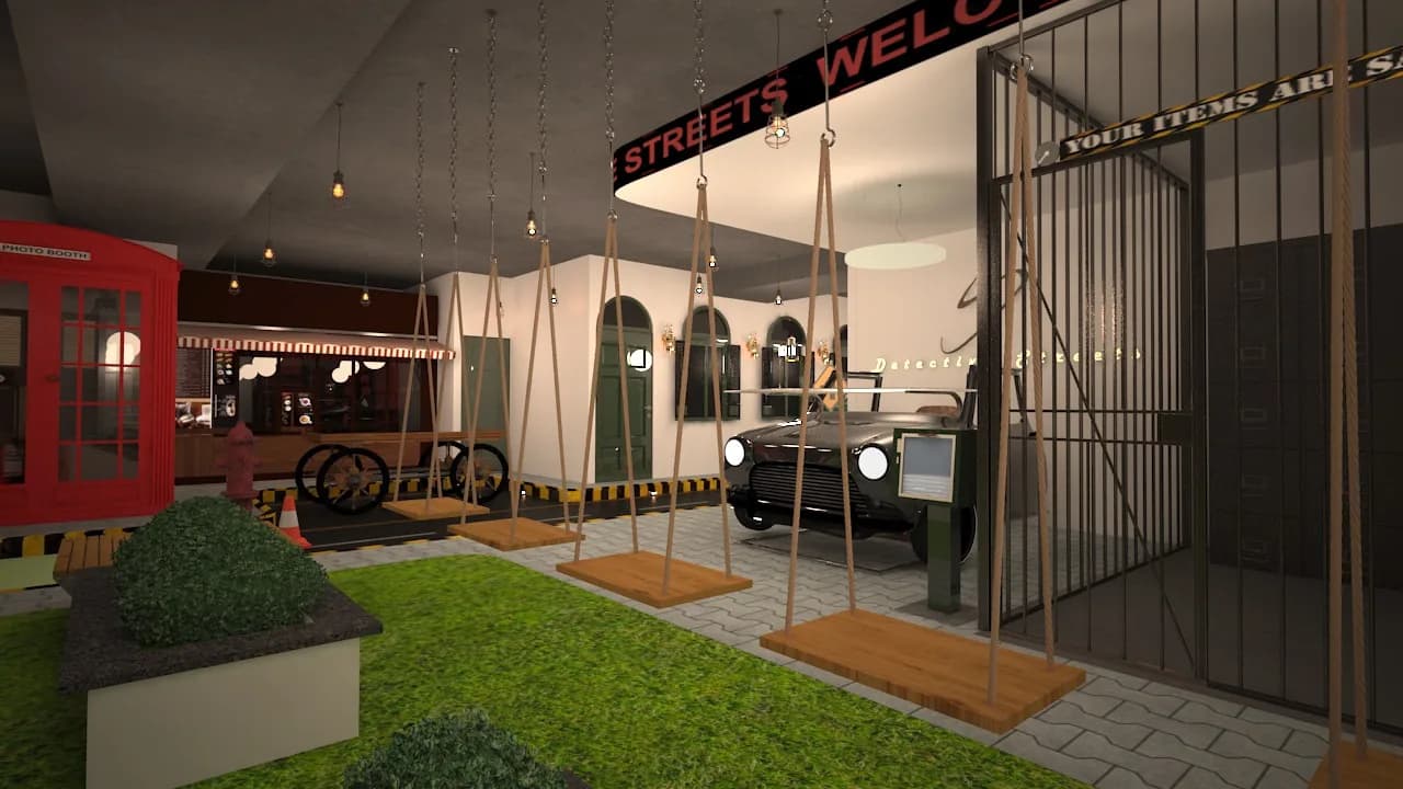 A vintage car parked beside hanging timber swings on a strip of artificial turf