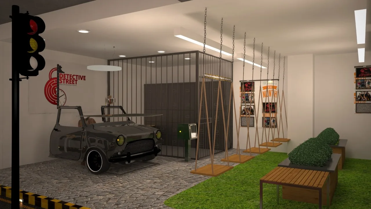 A themed cafe interior with a vintage car, traffic signal and lawn seating