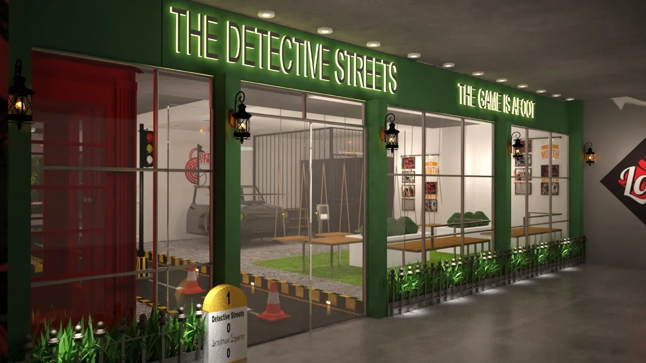 A green-painted shopfront below the venue sign, planting running along its base
