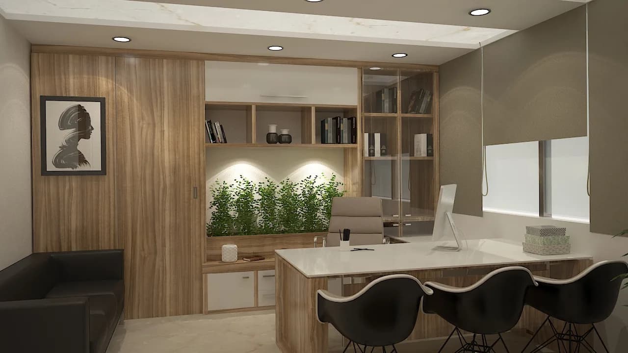 An office cabin with timber shelving, a planted ledge and a round meeting table